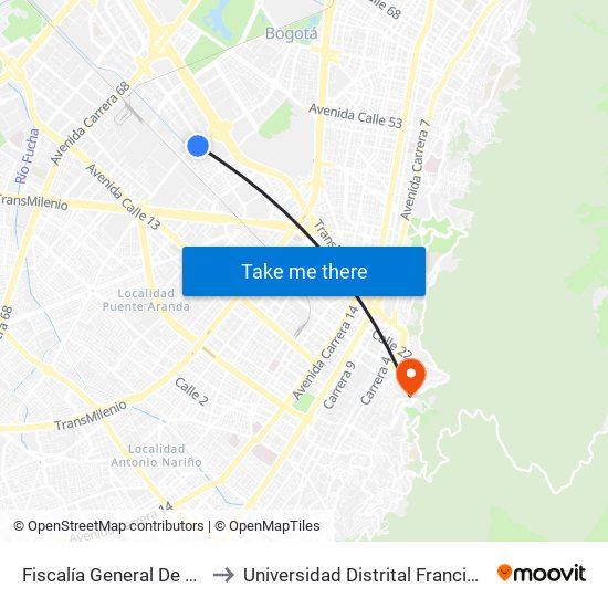 Fiscalía General De La Nación (Ak 50 - Ac 24) to Universidad Distrital Francisco José De Caldas - Sede Vivero map