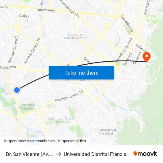 Br. San Vicente (Av. J. Gaitán C. - Cl 54 Sur) to Universidad Distrital Francisco José De Caldas - Sede Vivero map