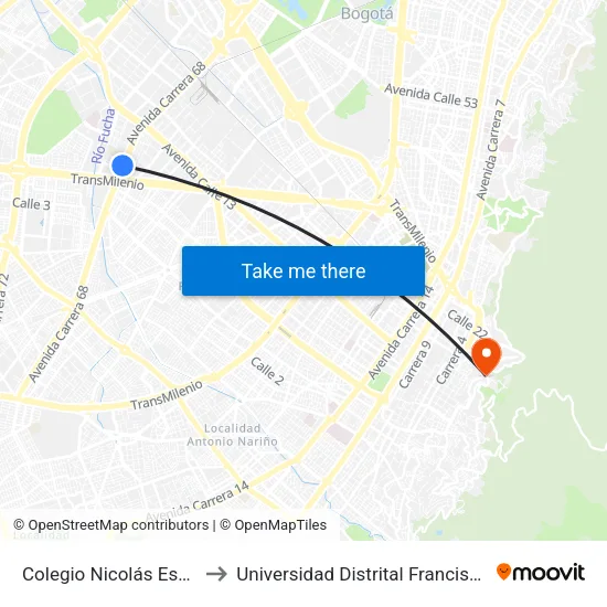 Colegio Nicolás Esguerra (Ak 68 - Cl 9) (B) to Universidad Distrital Francisco José De Caldas - Sede Vivero map