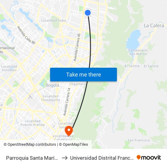 Parroquia Santa María Magdalena (Ak 19 - Cl 154) to Universidad Distrital Francisco José De Caldas - Sede Vivero map