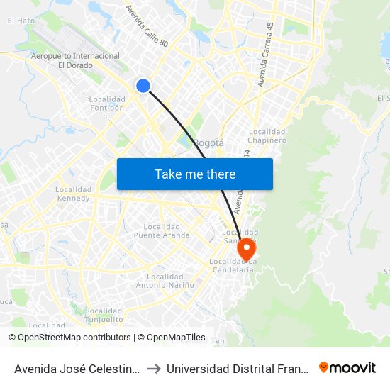 Avenida José Celestino Mutis (Av. C. De Cali - Ac 63) to Universidad Distrital Francisco José De Caldas - Sede Vivero map