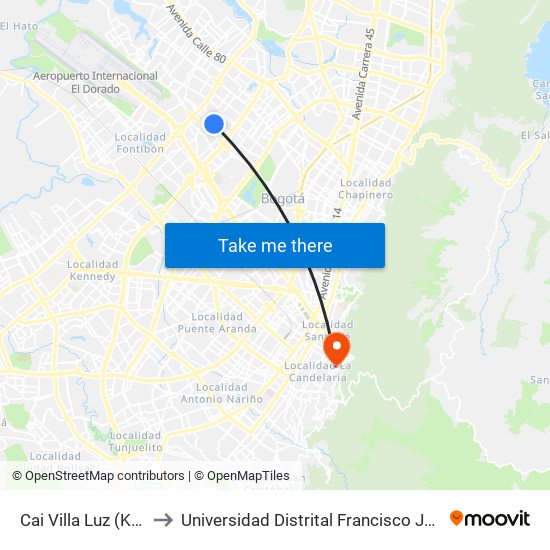 Cai Villa Luz (Kr 77a - Cl 64b) to Universidad Distrital Francisco José De Caldas - Sede Vivero map