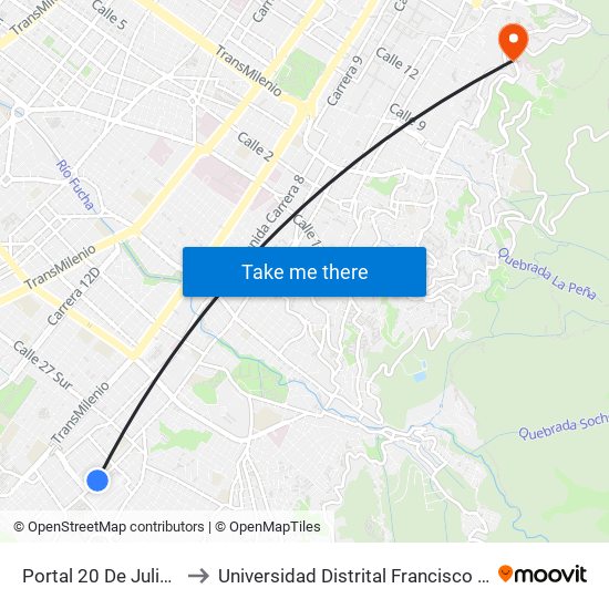 Portal 20 De Julio (Kr 5 - Cl 31 Sur) to Universidad Distrital Francisco José De Caldas - Sede Vivero map