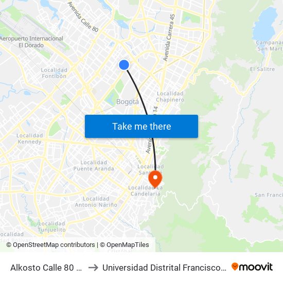 Alkosto Calle 80 (Kr 68c - Cl 73 Bis) to Universidad Distrital Francisco José De Caldas - Sede Vivero map