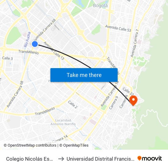 Colegio Nicolás Esguerra (Ak 68 - Cl 10) (A) to Universidad Distrital Francisco José De Caldas - Sede Vivero map