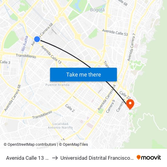 Avenida Calle 13 (Ak 68 - Ac 13) (A) to Universidad Distrital Francisco José De Caldas - Sede Vivero map
