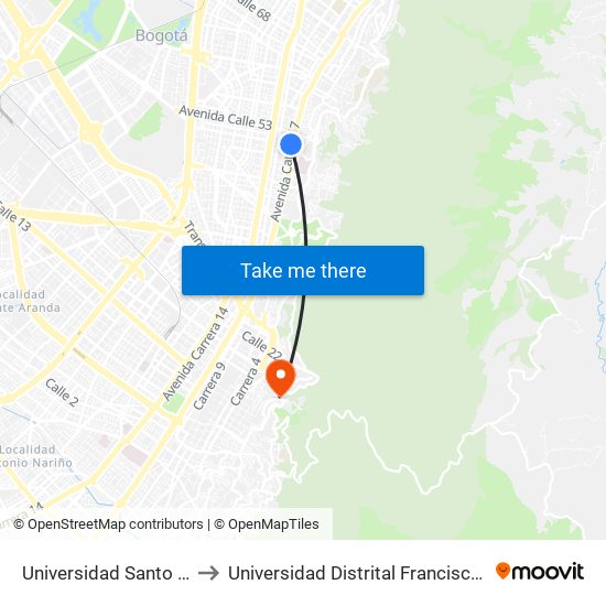 Universidad Santo Tomás (Ak 7 - Cl 51) to Universidad Distrital Francisco José De Caldas - Sede Vivero map