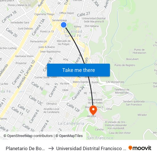 Planetario De Bogotá (Ak 7 - Cl 27) to Universidad Distrital Francisco José De Caldas - Sede Vivero map