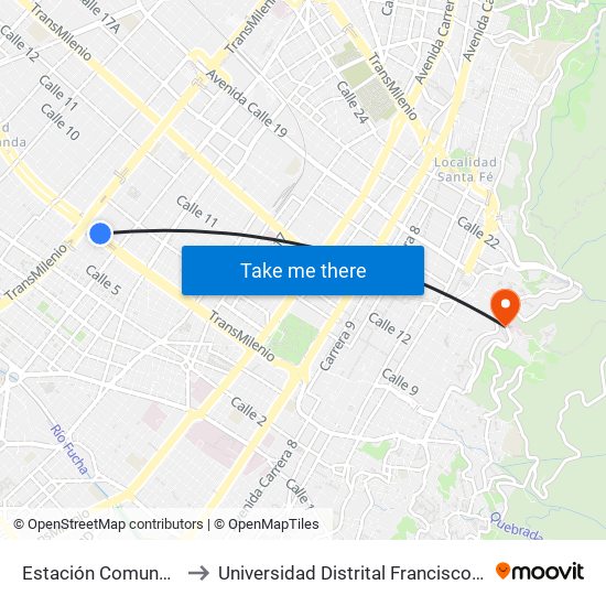 Estación Comuneros (Ac 6 - Ak 30) to Universidad Distrital Francisco José De Caldas - Sede Vivero map