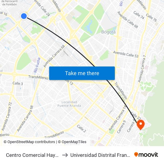 Centro Comercial Hayuelos (Av. C. De Cali - Cl 20) (A) to Universidad Distrital Francisco José De Caldas - Sede Vivero map