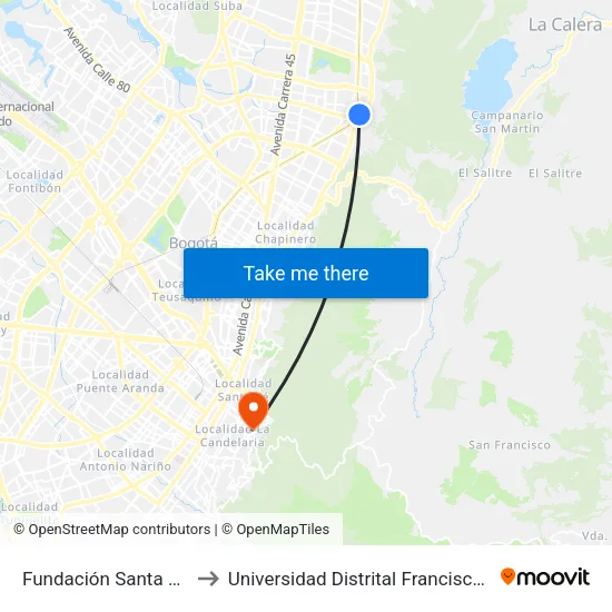 Fundación Santa Fe (Ak 7 - Cl 118) (B) to Universidad Distrital Francisco José De Caldas - Sede Vivero map