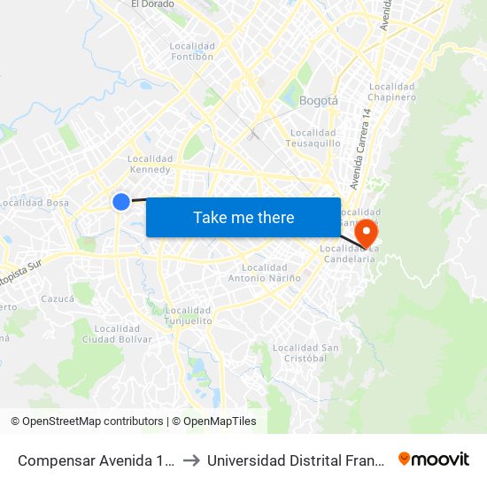 Compensar Avenida 1° De Mayo (Cl 42 Sur - Tv 78h) to Universidad Distrital Francisco José De Caldas - Sede Vivero map