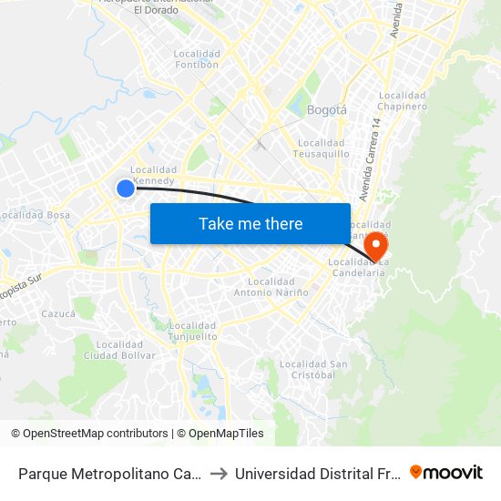 Parque Metropolitano Cayetano Cañizares (Av. A. Mejía - Cl 38 Sur) to Universidad Distrital Francisco José De Caldas - Sede Vivero map