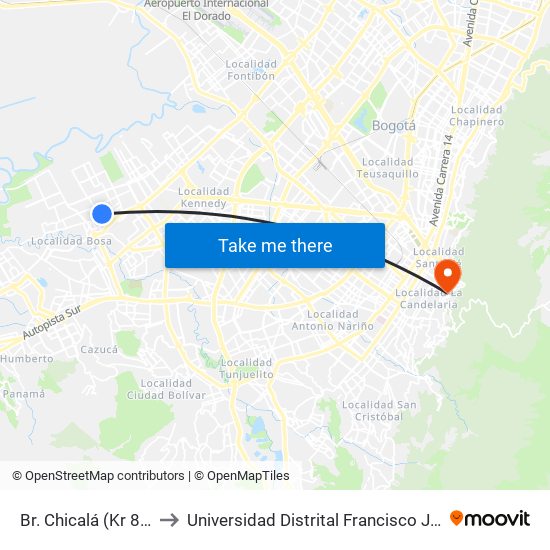 Br. Chicalá (Kr 87d - Cl 54c Sur) to Universidad Distrital Francisco José De Caldas - Sede Vivero map