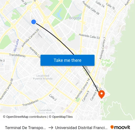 Terminal De Transporte Salitre (Kr 68d - Cl 22c) to Universidad Distrital Francisco José De Caldas - Sede Vivero map