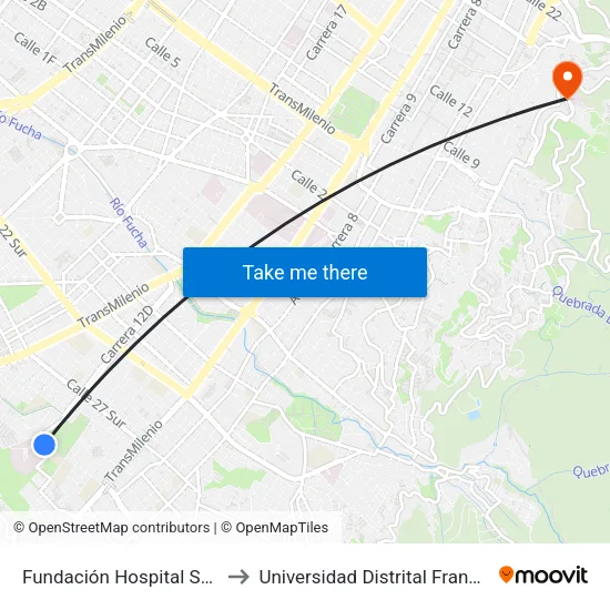 Fundación Hospital San Carlos (Cl 31a Sur - Kr 12b) to Universidad Distrital Francisco José De Caldas - Sede Vivero map