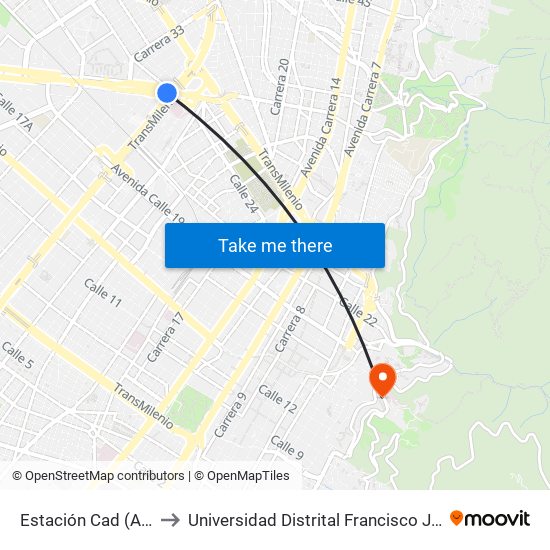 Estación Cad (Av. NQS - Cl 22c) to Universidad Distrital Francisco José De Caldas - Sede Vivero map