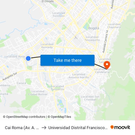 Cai Roma (Av. A. Mejía - Cl 55a Sur) to Universidad Distrital Francisco José De Caldas - Sede Vivero map