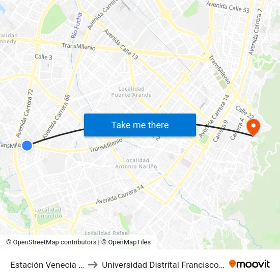 Estación Venecia (Auto Sur - Kr 54a) to Universidad Distrital Francisco José De Caldas - Sede Vivero map