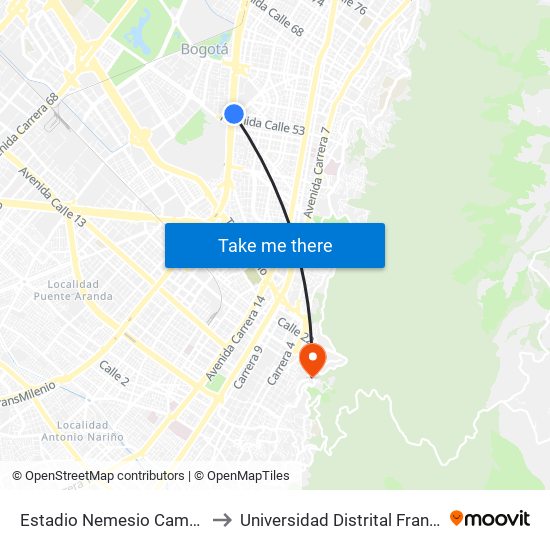 Estadio Nemesio Camacho El Campín (Av. NQS - Cl 53) to Universidad Distrital Francisco José De Caldas - Sede Vivero map