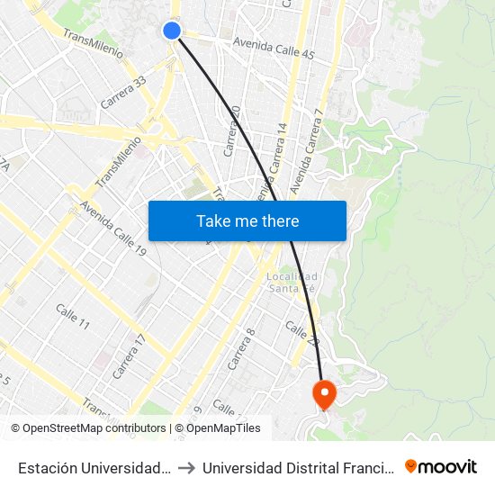 Estación Universidad Nacional (Av. NQS - Cl 45) to Universidad Distrital Francisco José De Caldas - Sede Vivero map