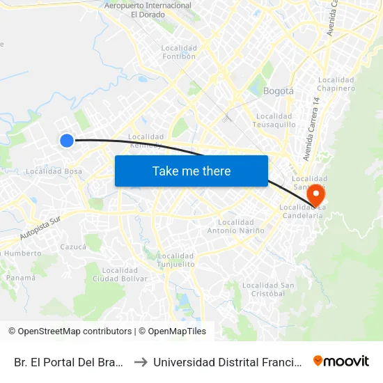Br. El Portal Del Brasil (Av. Tintal - Cl 54g Sur) to Universidad Distrital Francisco José De Caldas - Sede Vivero map