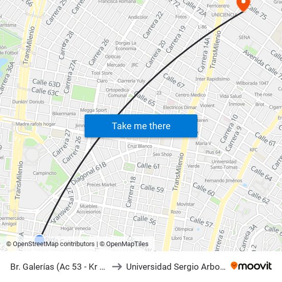 Br. Galerías (Ac 53 - Kr 27a) to Universidad Sergio Arboleda map