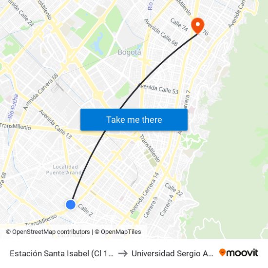 Estación Santa Isabel (Cl 1f - Kr 31) to Universidad Sergio Arboleda map