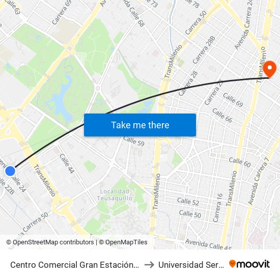 Centro Comercial Gran Estación (Av. Esperanza - Ak 60) to Universidad Sergio Arboleda map
