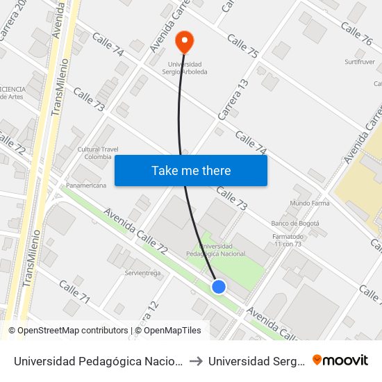 Universidad Pedagógica Nacional (Ac 72 - Ak 11) to Universidad Sergio Arboleda map