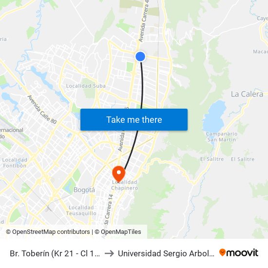 Br. Toberín (Kr 21 - Cl 169) to Universidad Sergio Arboleda map