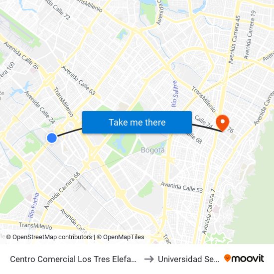 Centro Comercial Los Tres Elefantes (Av. Boyacá - Cl 23) (A) to Universidad Sergio Arboleda map