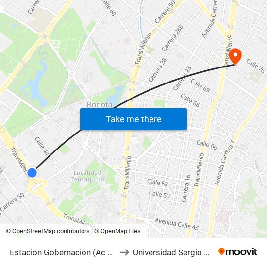 Estación Gobernación (Ac 26 - Kr 54) to Universidad Sergio Arboleda map