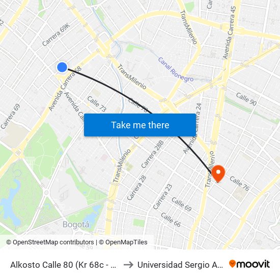 Alkosto Calle 80 (Kr 68c - Cl 73 Bis) to Universidad Sergio Arboleda map