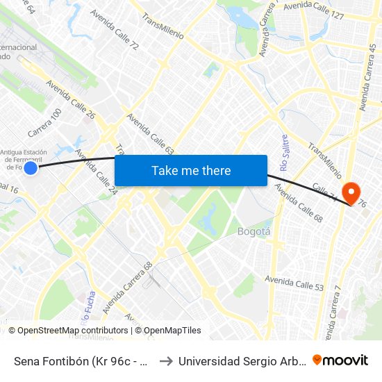 Sena Fontibón (Kr 96c - Cl 20a) to Universidad Sergio Arboleda map