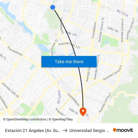 Estación 21 Ángeles (Av. Suba - Kr 83) to Universidad Sergio Arboleda map