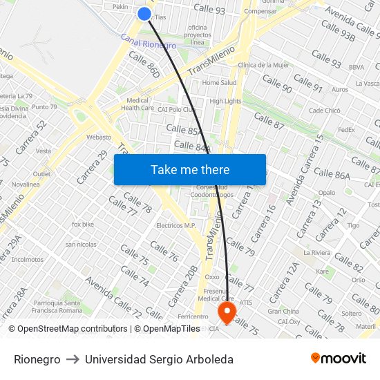 Rionegro to Universidad Sergio Arboleda map