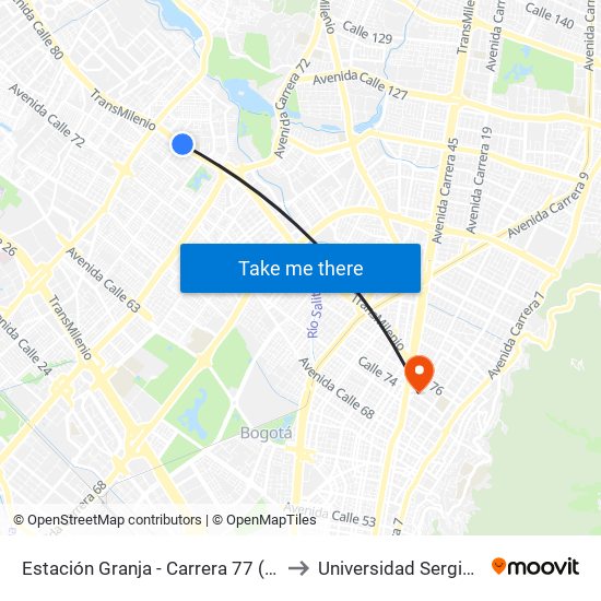 Estación Granja - Carrera 77 (Ac 80 - Tv 80a) to Universidad Sergio Arboleda map