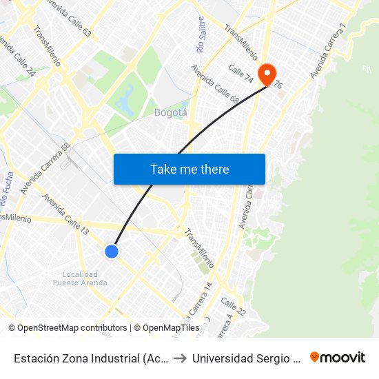Estación Zona Industrial (Ac 13 - Kr 38) to Universidad Sergio Arboleda map