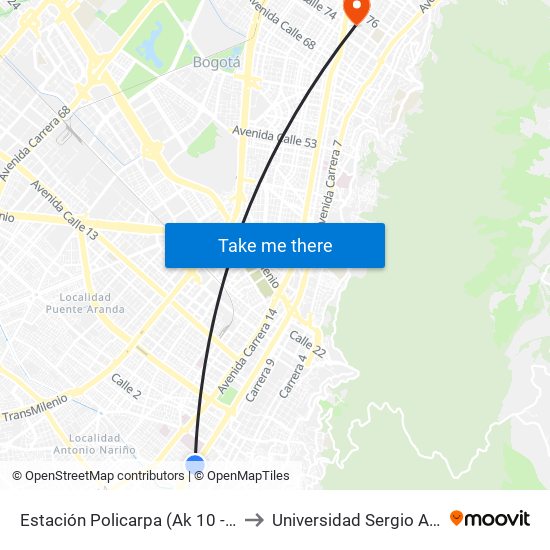 Estación Policarpa (Ak 10 - Cl 4 Sur) to Universidad Sergio Arboleda map