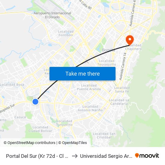 Portal Del Sur (Kr 72d - Cl 57k Sur) to Universidad Sergio Arboleda map