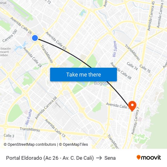 Portal Eldorado (Ac 26 - Av. C. De Cali) to Sena map