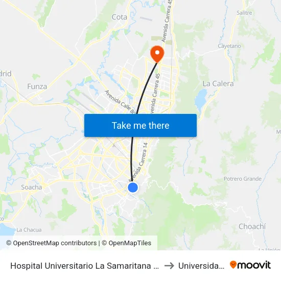 Hospital Universitario La Samaritana (Kr 8 - Cl 0 Sur) to Universidad Ecci map
