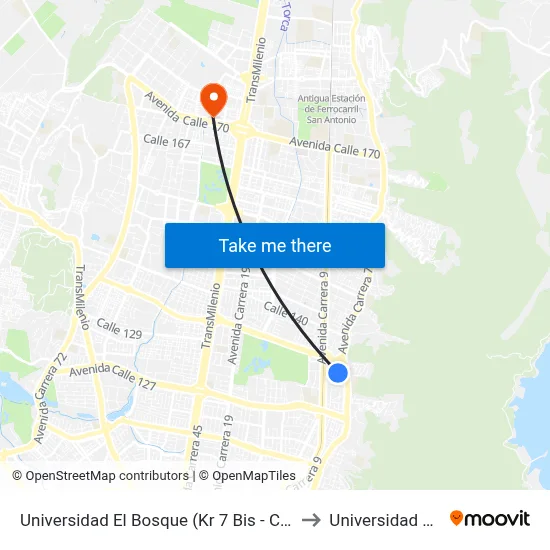 Universidad El Bosque (Kr 7 Bis - Cl 131) to Universidad Ecci map