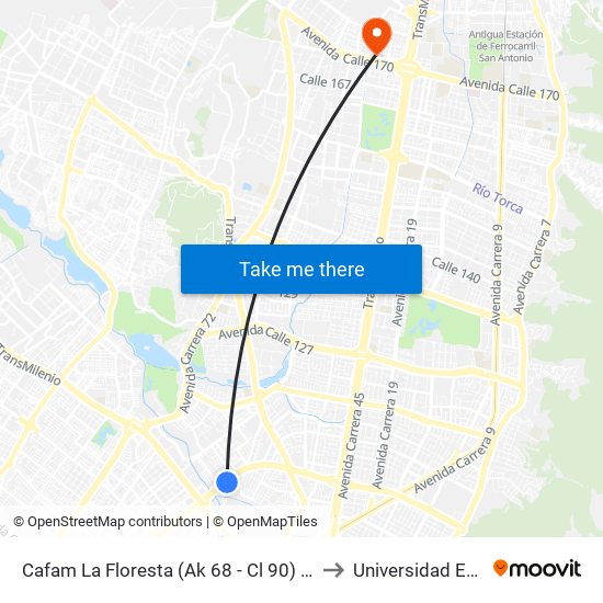 Cafam La Floresta (Ak 68 - Cl 90) (C) to Universidad Ecci map