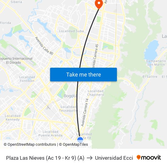 Plaza Las Nieves (Ac 19 - Kr 9) (A) to Universidad Ecci map