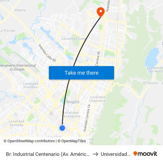 Br. Industrial Centenario (Av. Américas - Tv 39) to Universidad Ecci map