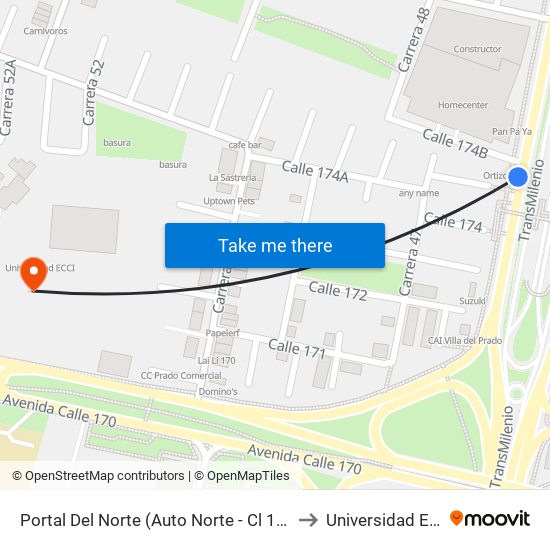 Portal Del Norte (Auto Norte - Cl 174a) to Universidad Ecci map