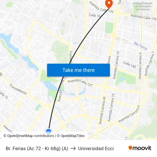 Br. Ferias (Ac 72 - Kr 68g) (A) to Universidad Ecci map