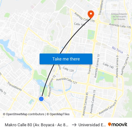 Makro Calle 80 (Av. Boyacá - Ac 80) (A) to Universidad Ecci map